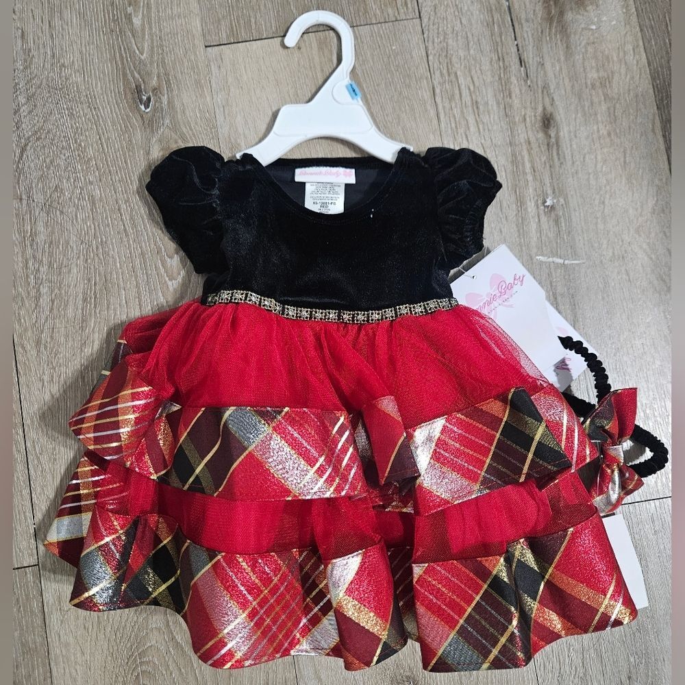 NWT Bonnie Jean Baby Infant Red Plaid Black Velvet Fancy Dress 3-6M Christmas